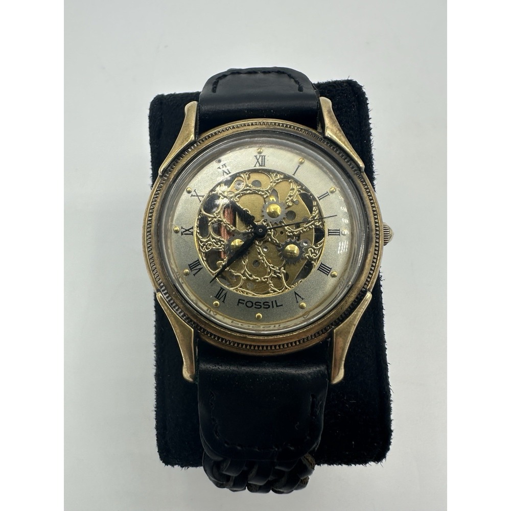 Vintage Fossil SK-5120 Mens Skeleton Style Quartz Watch Gold Tone Leather